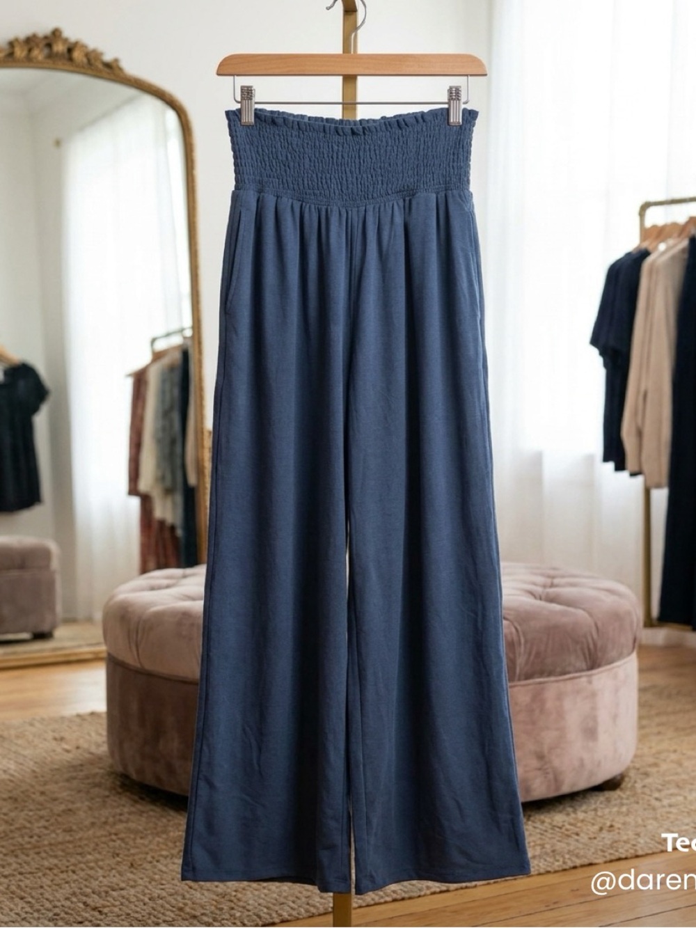 LA MIEL Navy Smocked High-Waist Wide Leg Pants